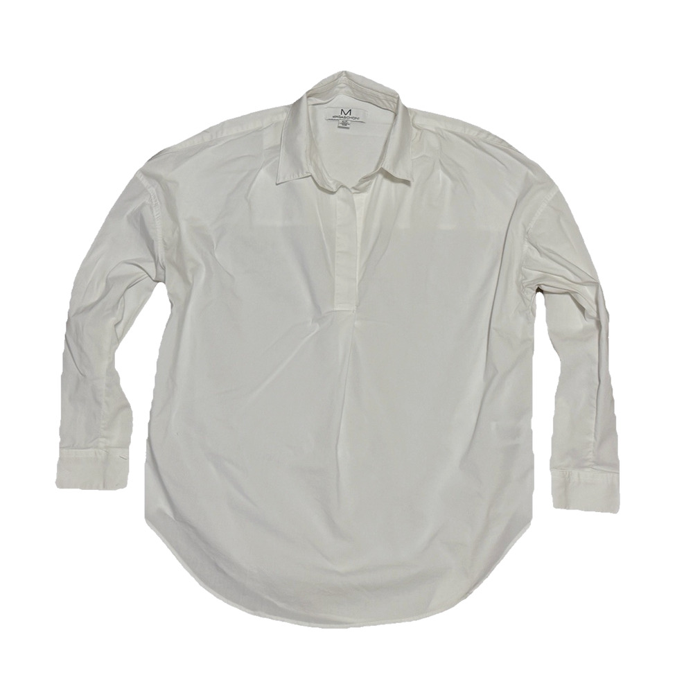 Magaschoni White Collared Shirt Small Popover Tunic Long Sleeve Shirt Oversized